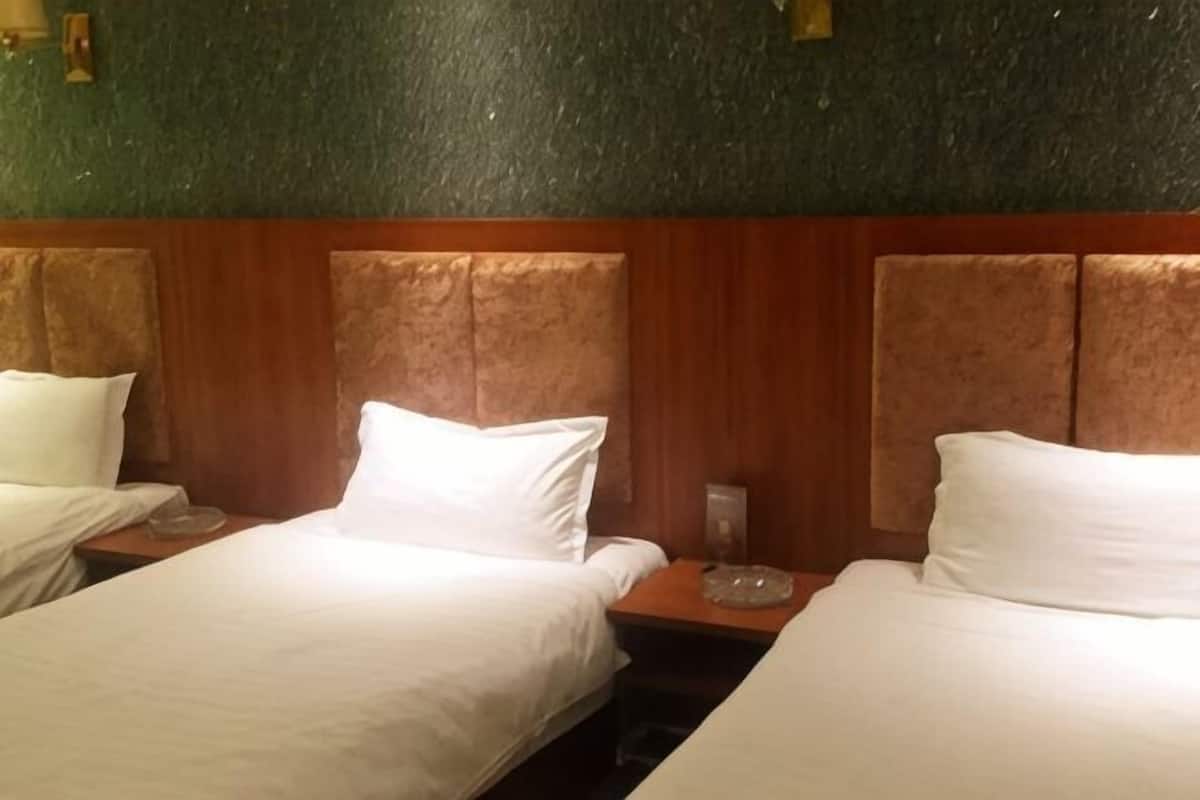 A hotel room with two beds, wooden headboards, and a green textured wall.