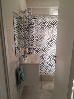 Shower, hair dryer, bidet, towels