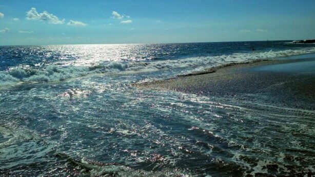 Una playa con olas y cielo despejado.
