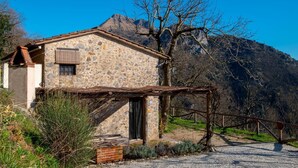 Un edificio de piedra con techo inclinado, una valla de madera y una montaña al fondo.