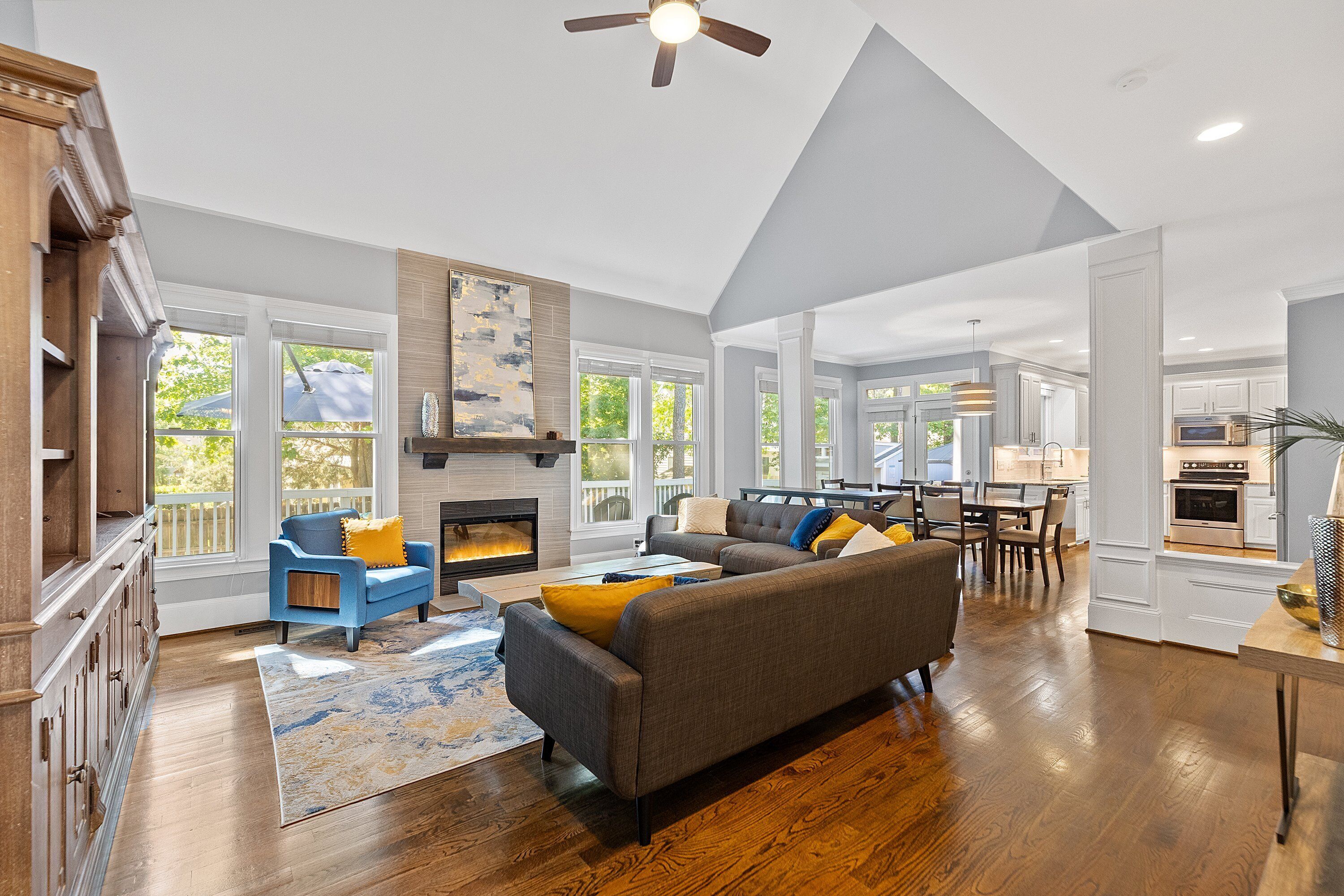 Smart TV, fireplace, video games, DVD player