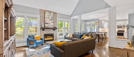 Smart TV, fireplace, video games, DVD player