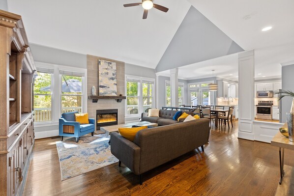 Smart TV, fireplace, video games, DVD player