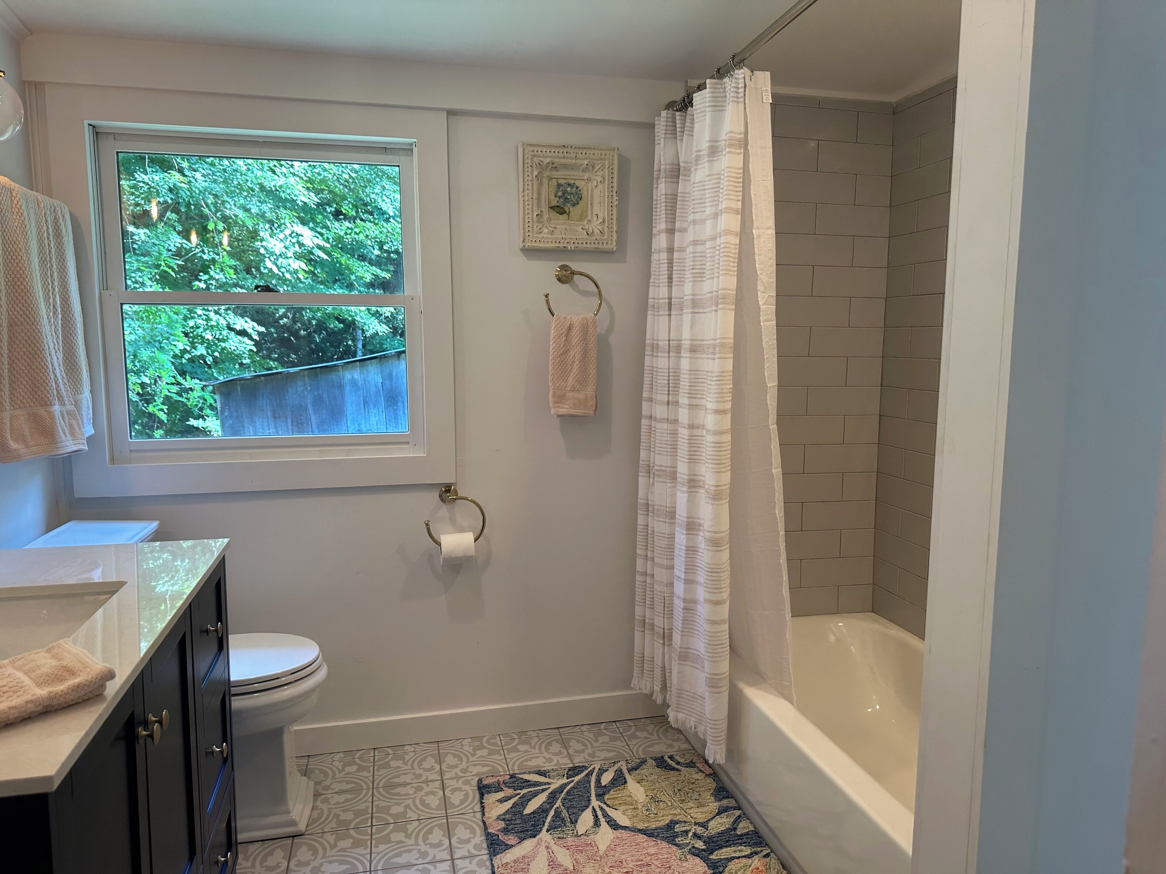 Hair dryer, towels, soap, shampoo