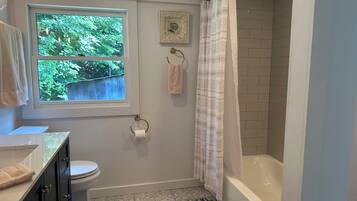 Hair dryer, towels, soap, shampoo
