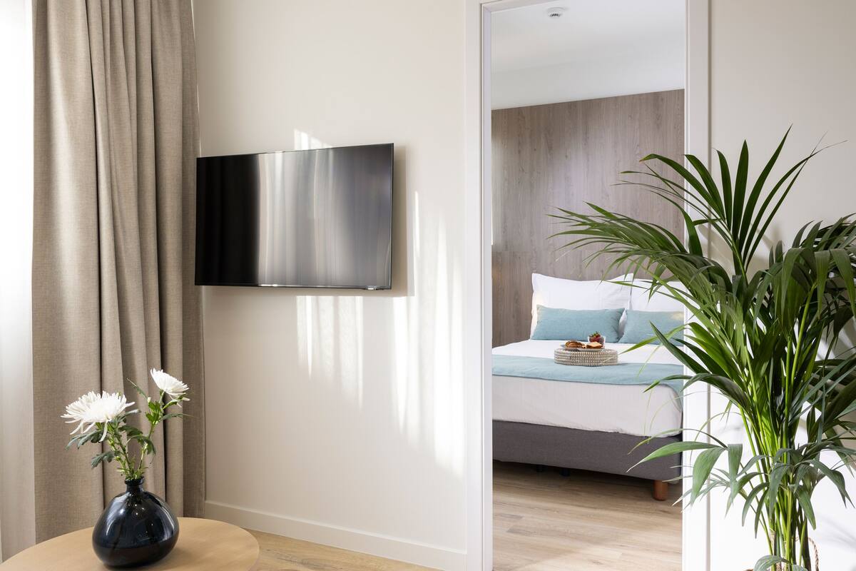 A modern hotel room with a flat-screen TV mounted on the wall, a bed with a grey headboard, a bedside table with a vase of white flowers, and a large potted plant.