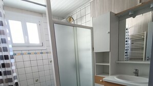Une salle de bain avec une douche, un lavabo et un miroir.