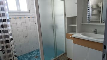 Shower, hair dryer, soap