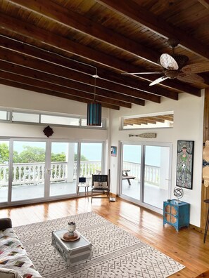 Smart TV, fireplace, books, stereo