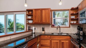 Een keuken met houten kastjes, een roestvrijstalen spoelbak en een raam met uitzicht op palmbomen.
