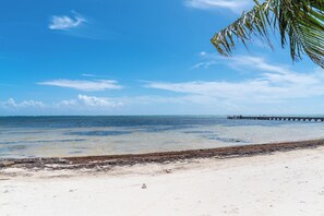 A beach with clear skies, calm water, and a pier extending into the sea. - Tropical Paradise Awaits: Luxe 2BR Condo in Ambergris Caye! (San Pedro Town)