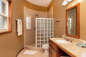 Une salle de bain avec douche, toilettes et lavabo.