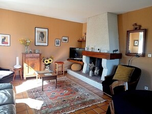 Un salon avec une cheminée, un canapé, une télévision et divers éléments de décoration.