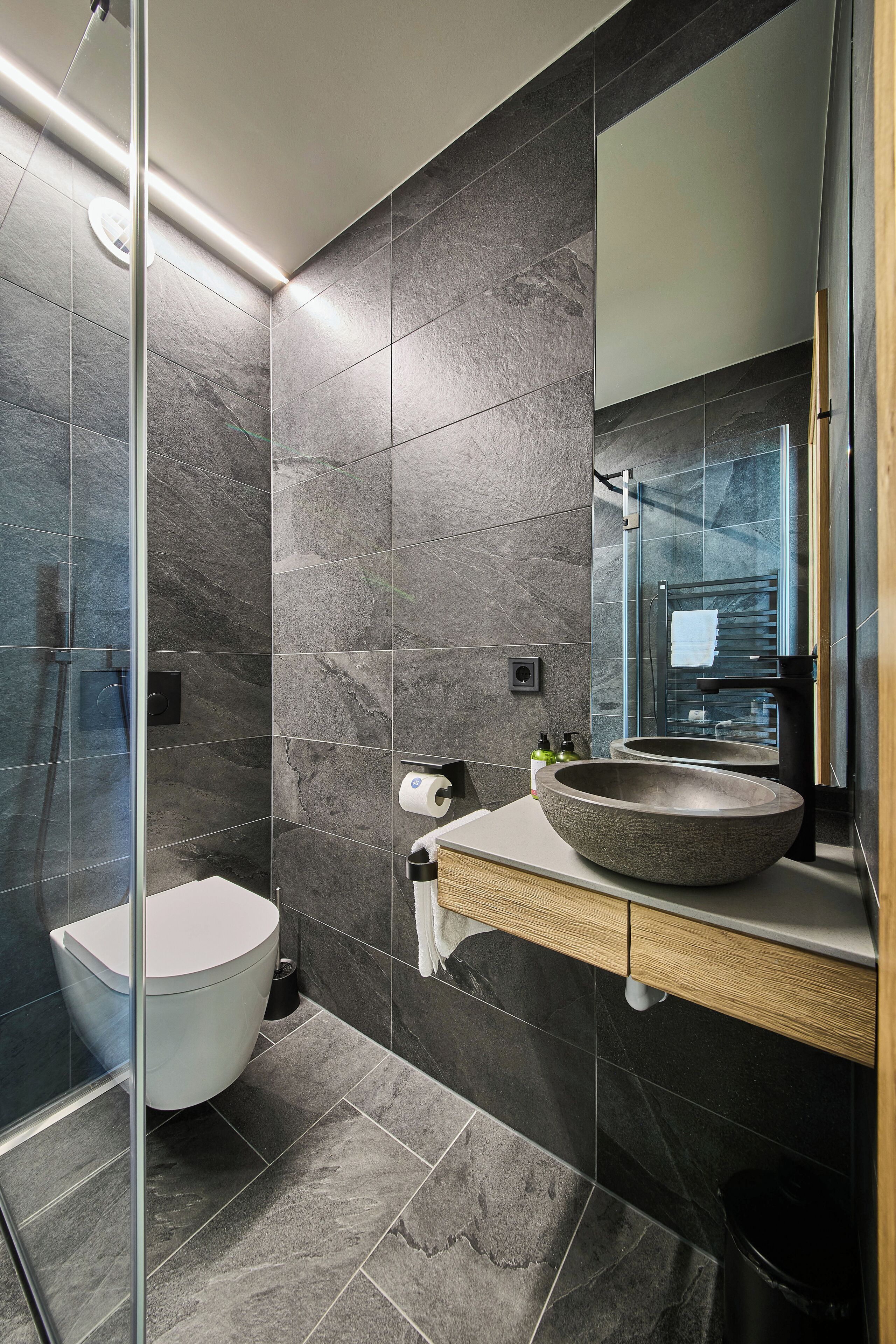 A modern bathroom with a glass shower enclosure, a white toilet, a large stone basin sink, and a mirror above the sink.
