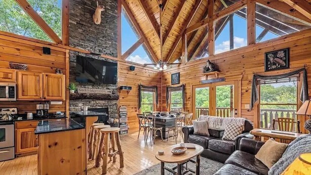 Une cabane comprenant une cuisine, un coin repas et un salon avec une cheminée.