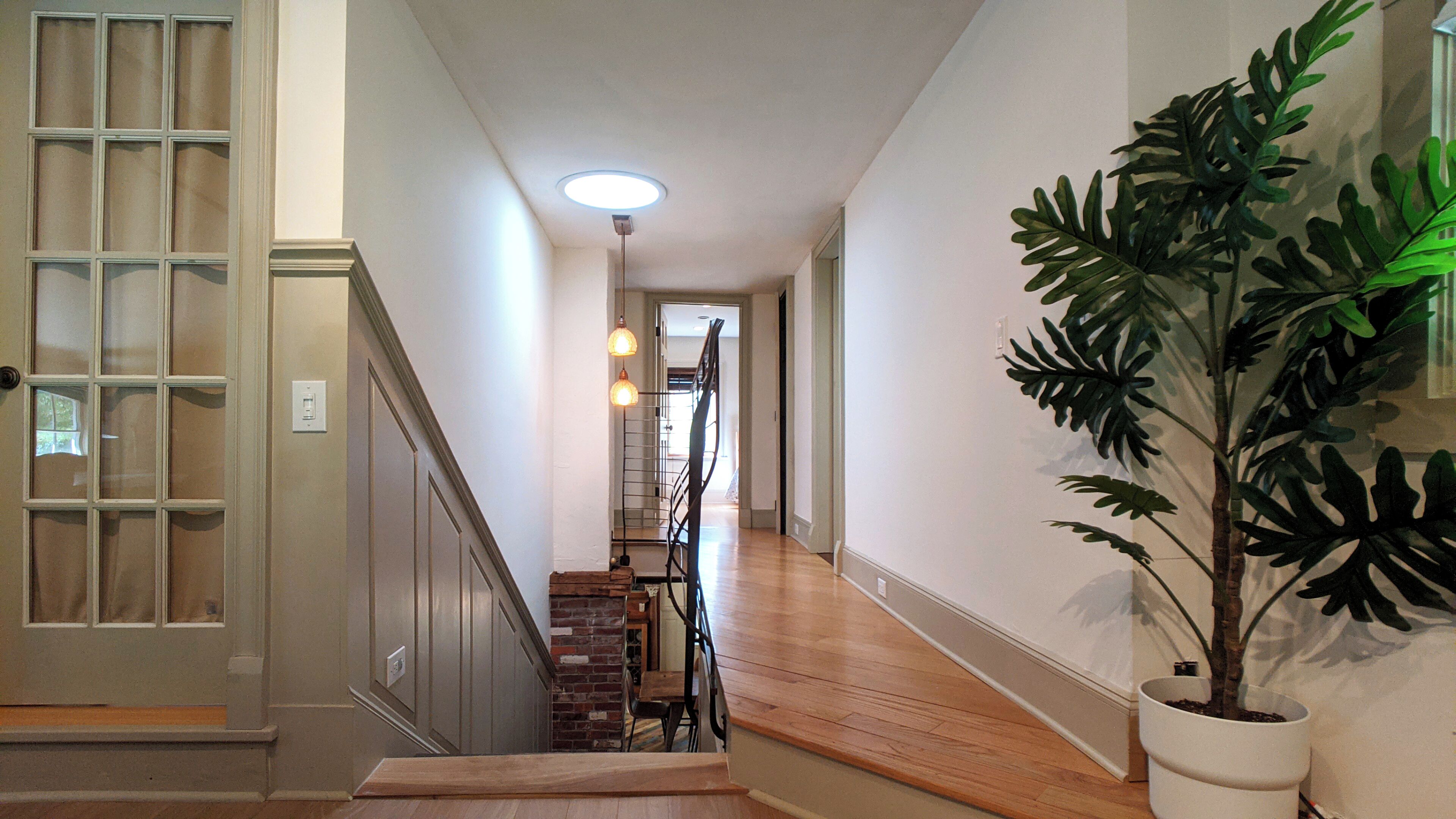 Ein Gang mit Treppe, einem Blumentopf und einer Leuchte.