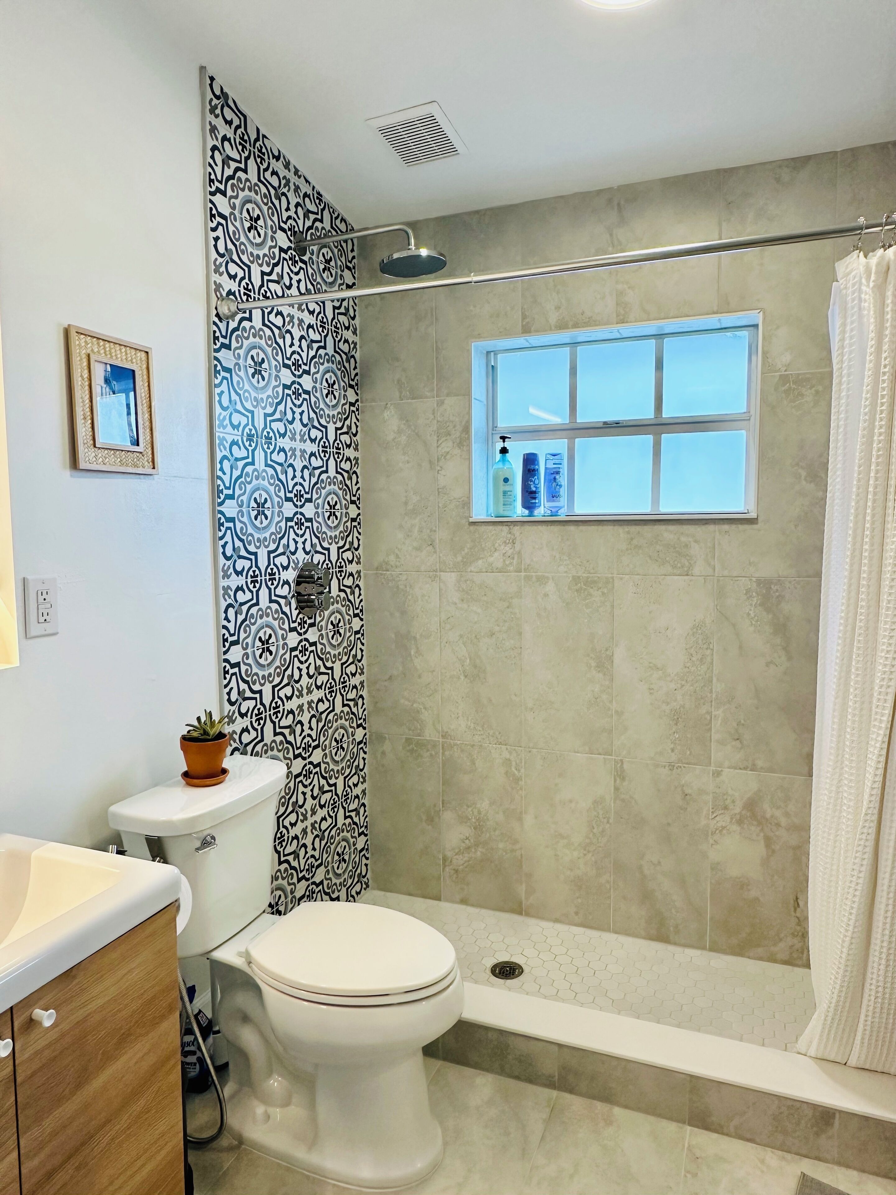 Shower, hair dryer, bidet, towels
