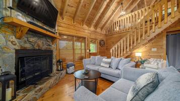 Smart TV, chimenea, biblioteca de música