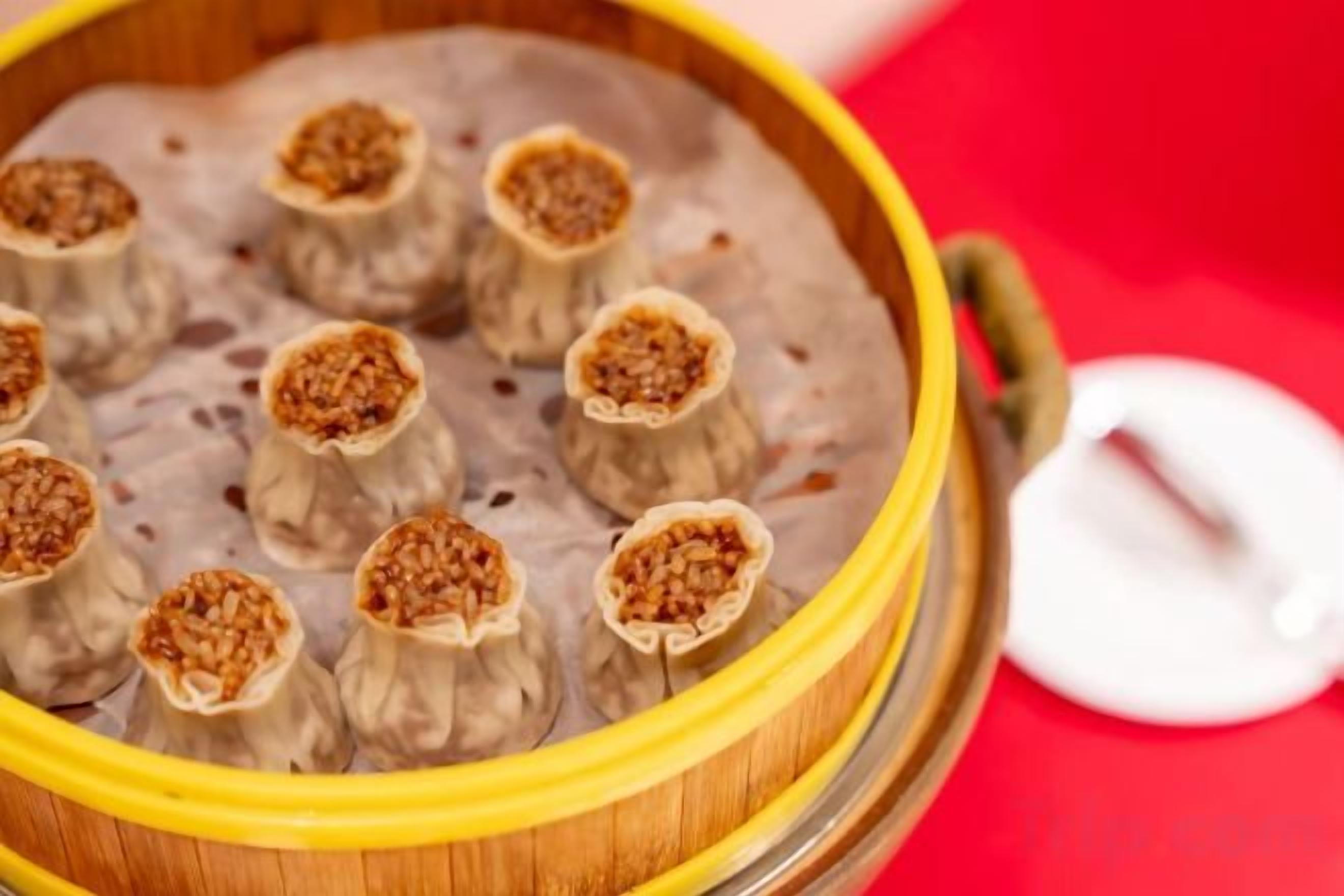 A steamer with dumplings.