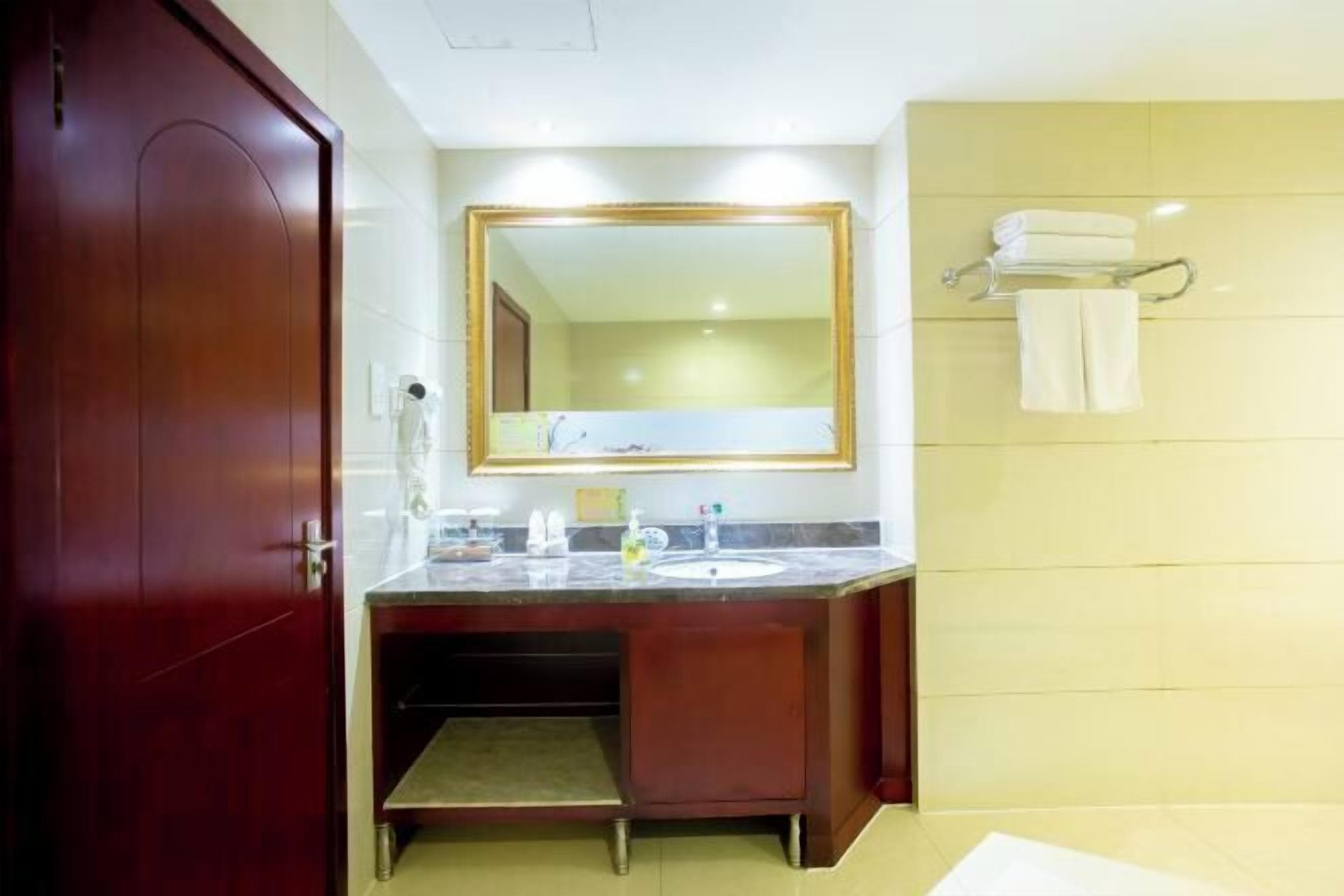 Un bagno d'hotel con un mobile vanitario in legno, uno specchio grande e un porta asciugamani.