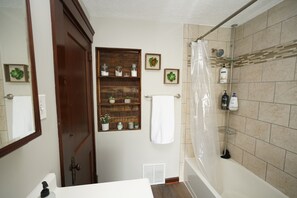Hair dryer, towels, soap, shampoo