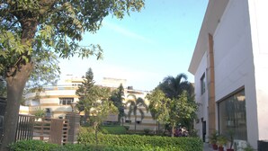 A courtyard with a tree, a hedge, and a building with large windows and a white facade. - Grey Pelican Tourist Resort (Yamunanagar)