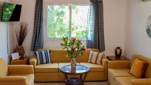 Un salón con sofá, una mesa de centro, un televisor y una ventana con cortinas.