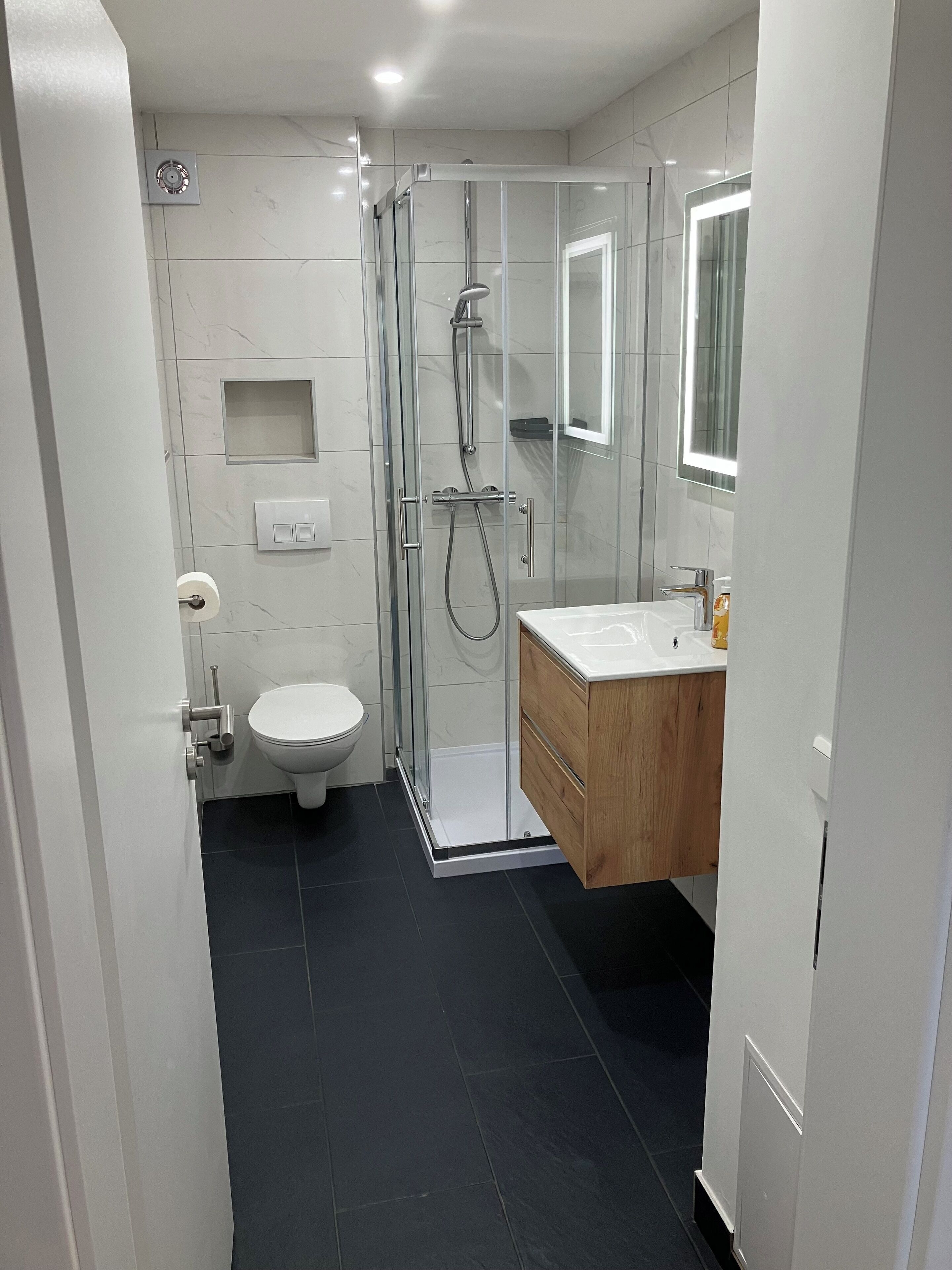 Shower, hair dryer, towels, toilet paper