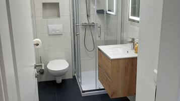 Shower, hair dryer, towels, toilet paper