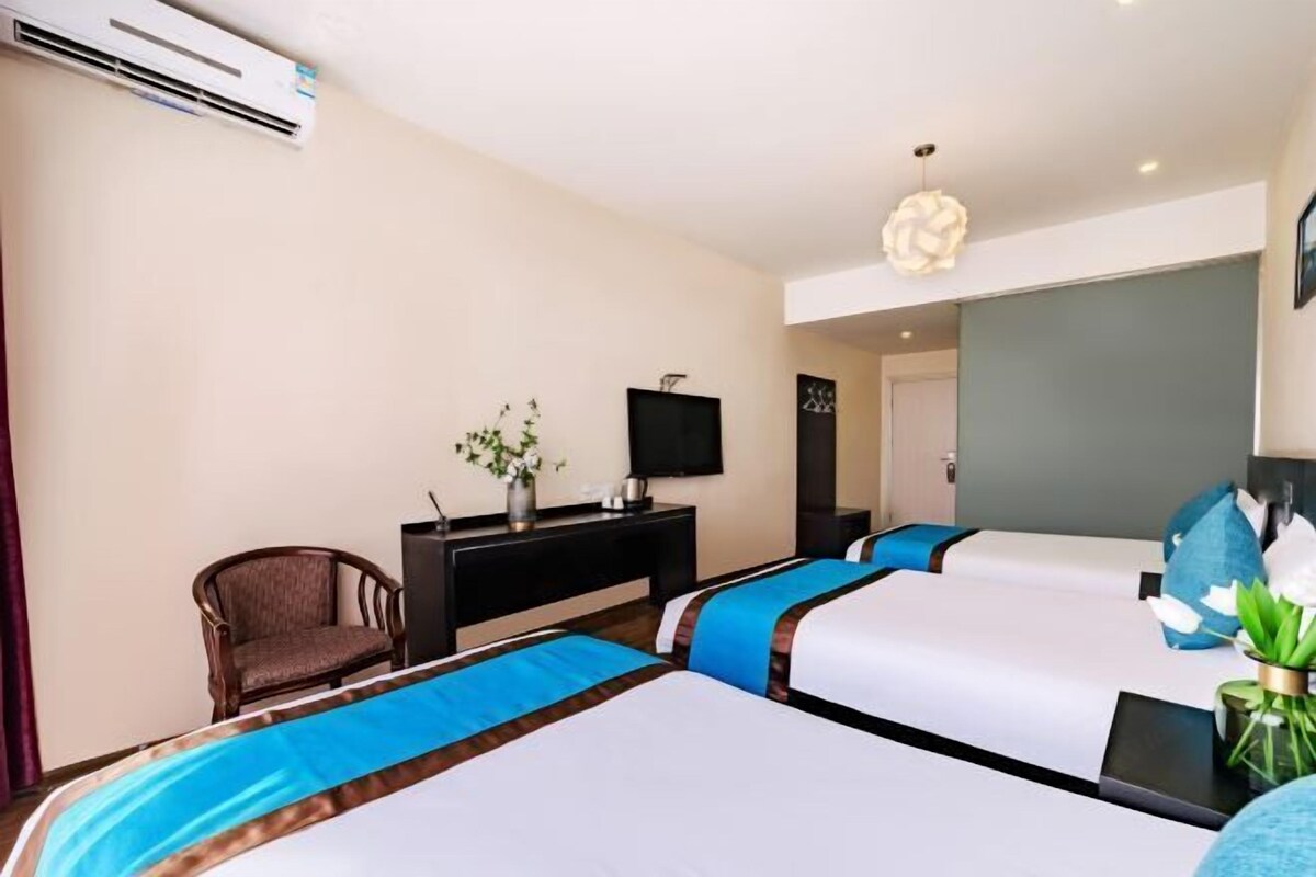 A hotel room with two beds, a desk, a chair, a TV, and a decorative plant.