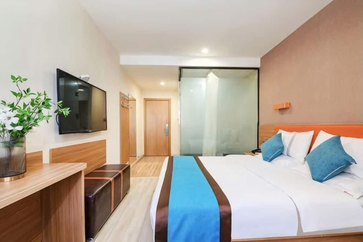 Una habitación de hotel con cama, televisión, escritorio y planta.