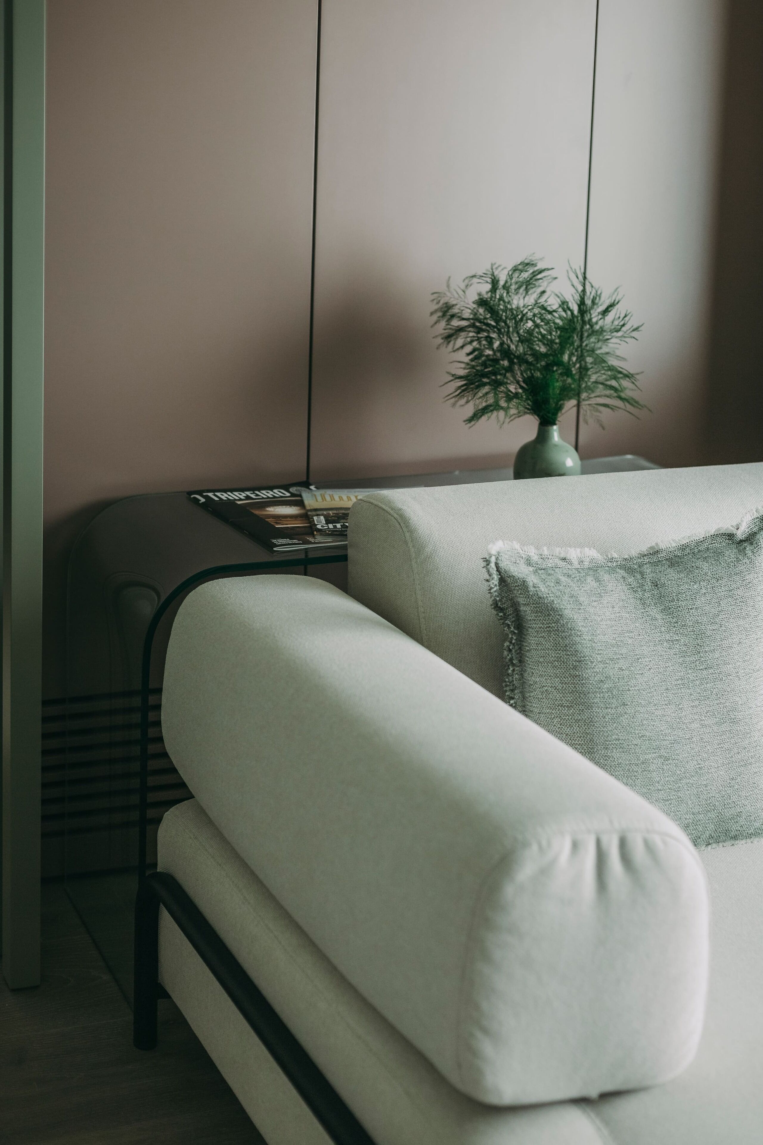Een moderne woonkamer met een bank, een klein bijzettafeltje en een potplant.