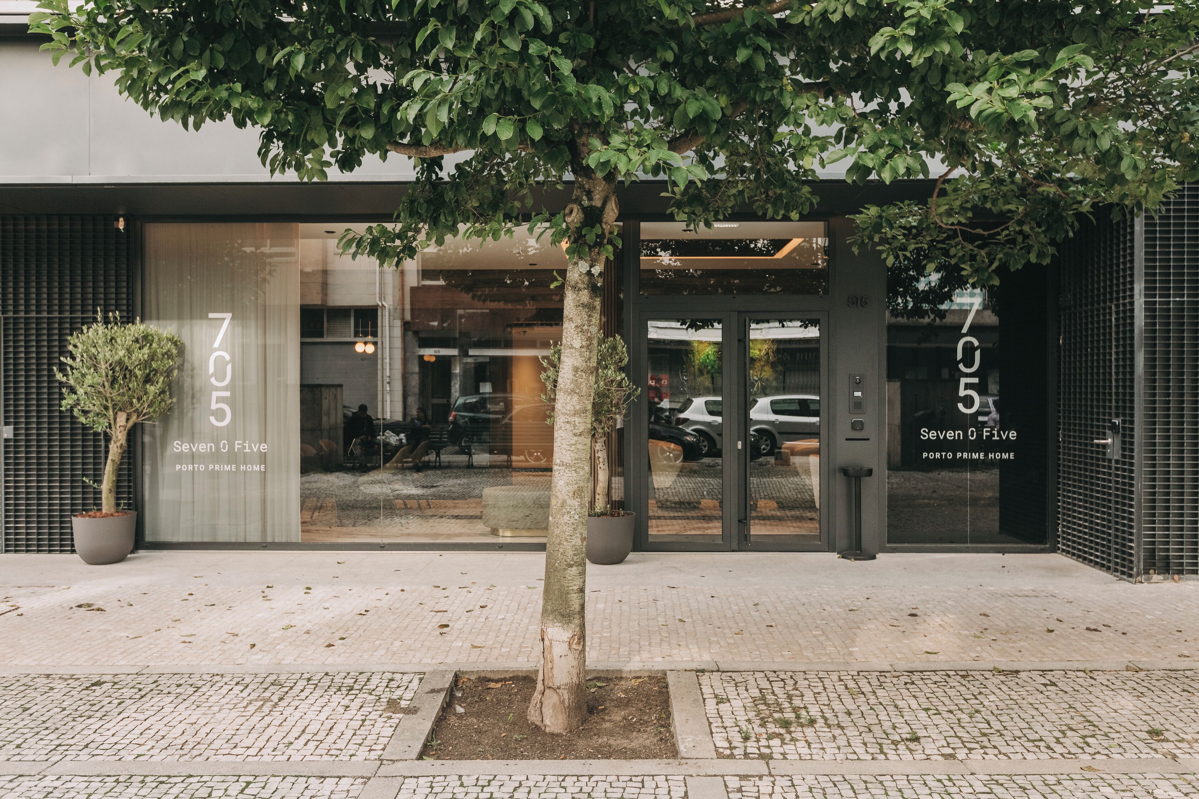 A modern building with a large tree in front, labeled "Seven 5 Five Porto Prime Home."