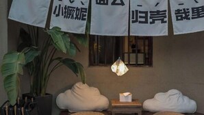 A room with a bed, a small table, and a hanging light fixture. There are two bean bags and a potted plant. - Cloud Retreat Songyang (Songyang)
