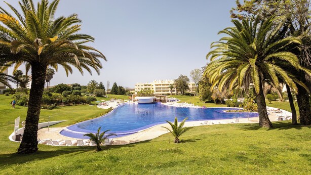 Une piscine entourée de palmiers et d’herbe, avec un bâtiment en arrière-plan.