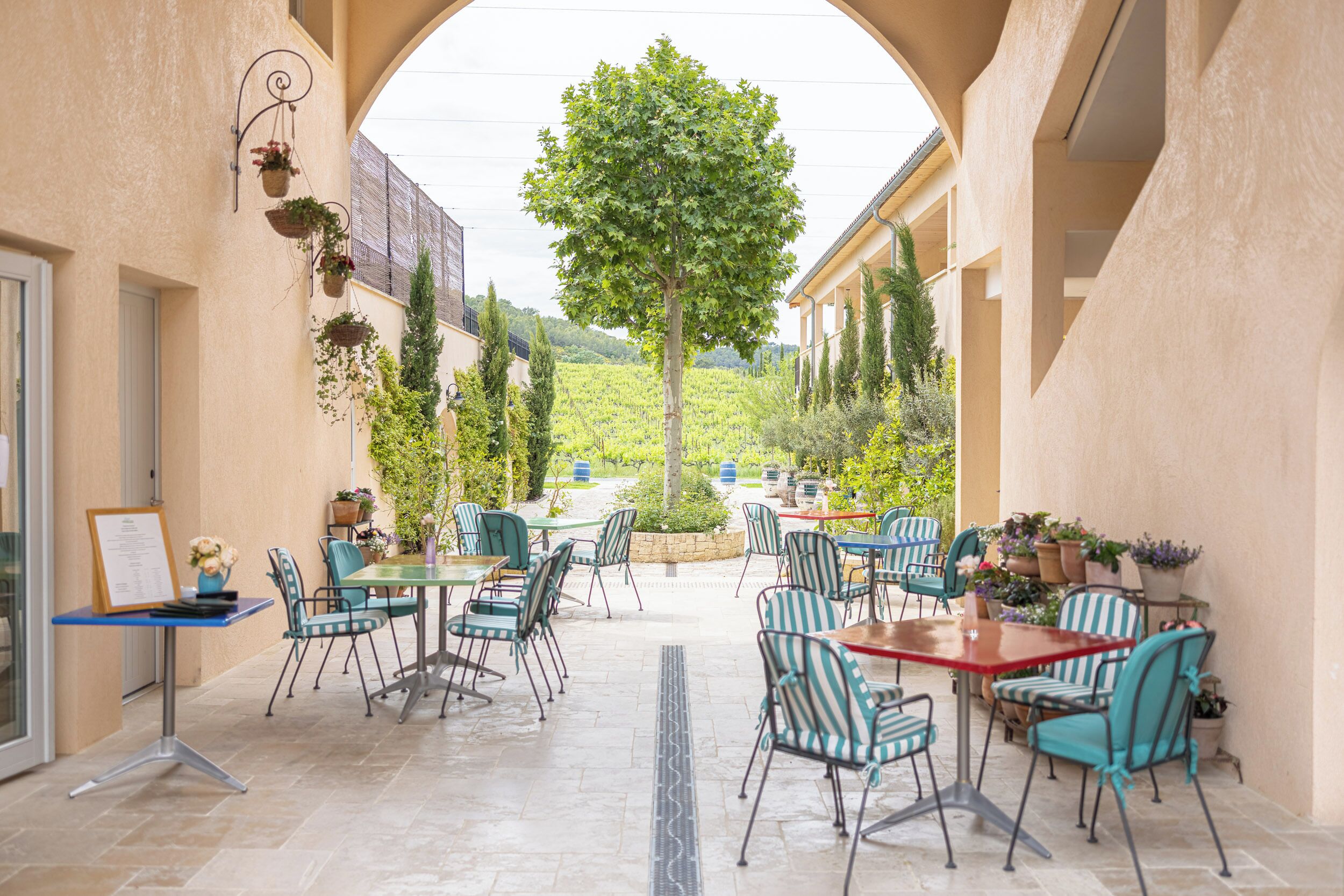 Un patio al aire libre con mesas y sillas, un árbol y plantas en macetas.