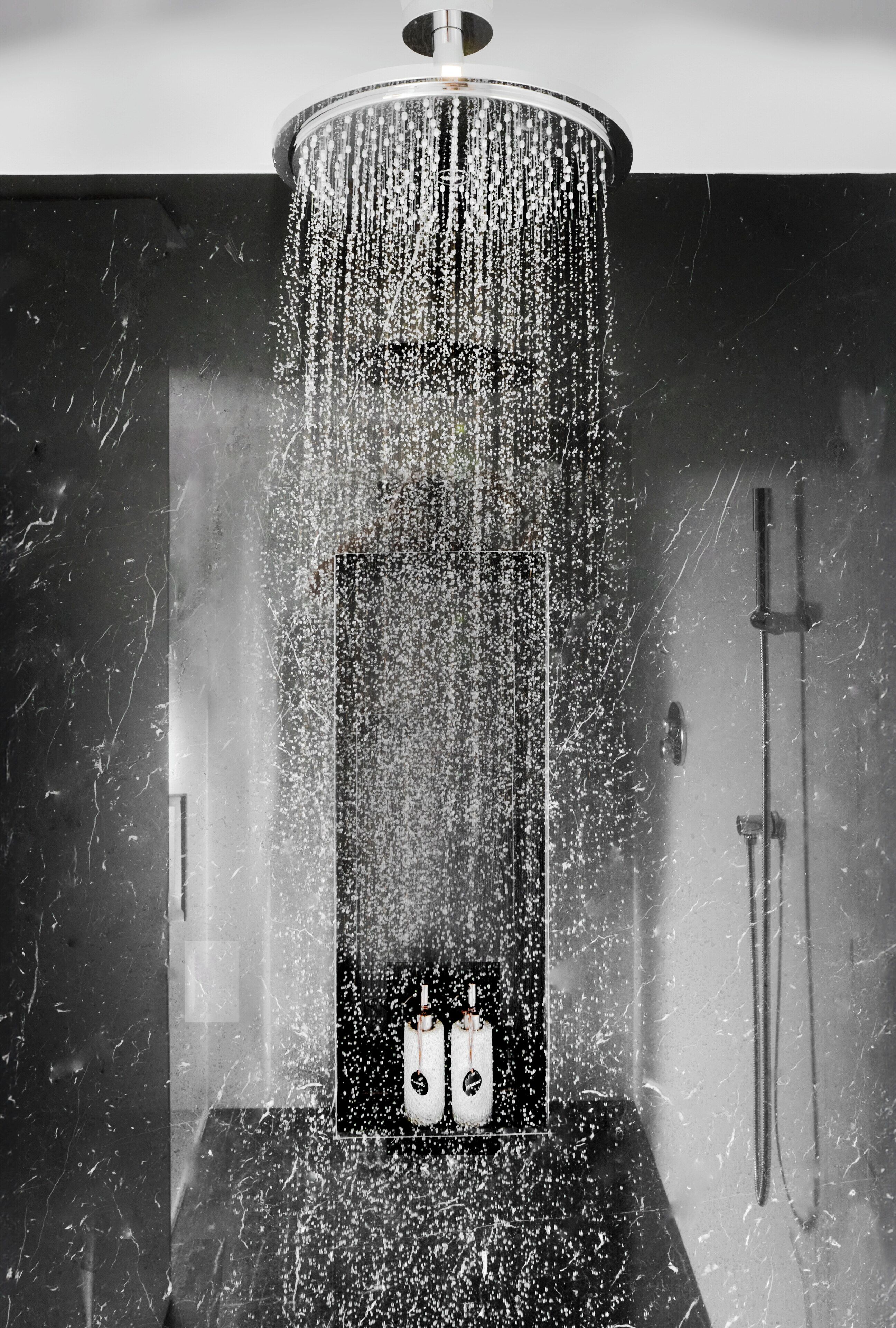 A bathroom with a large shower head, a towel rack, and a handheld shower.