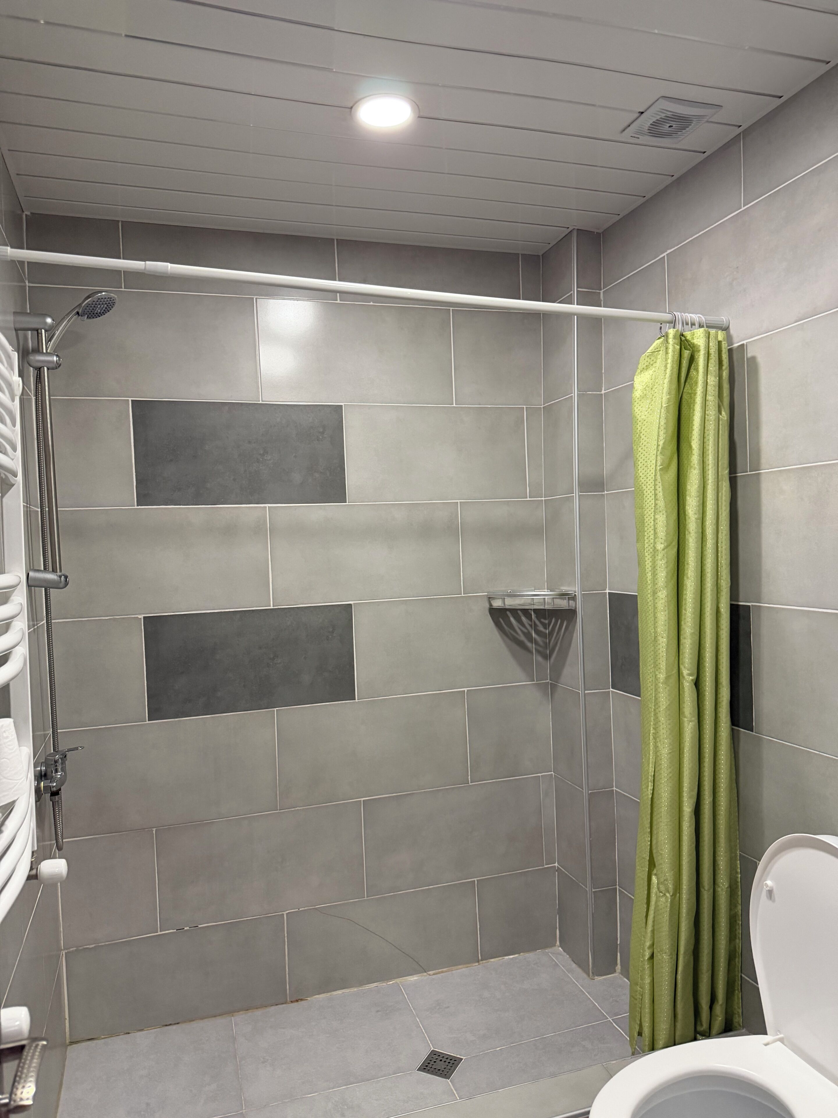 A shower with a green curtain, grey tiles, and a white toilet.