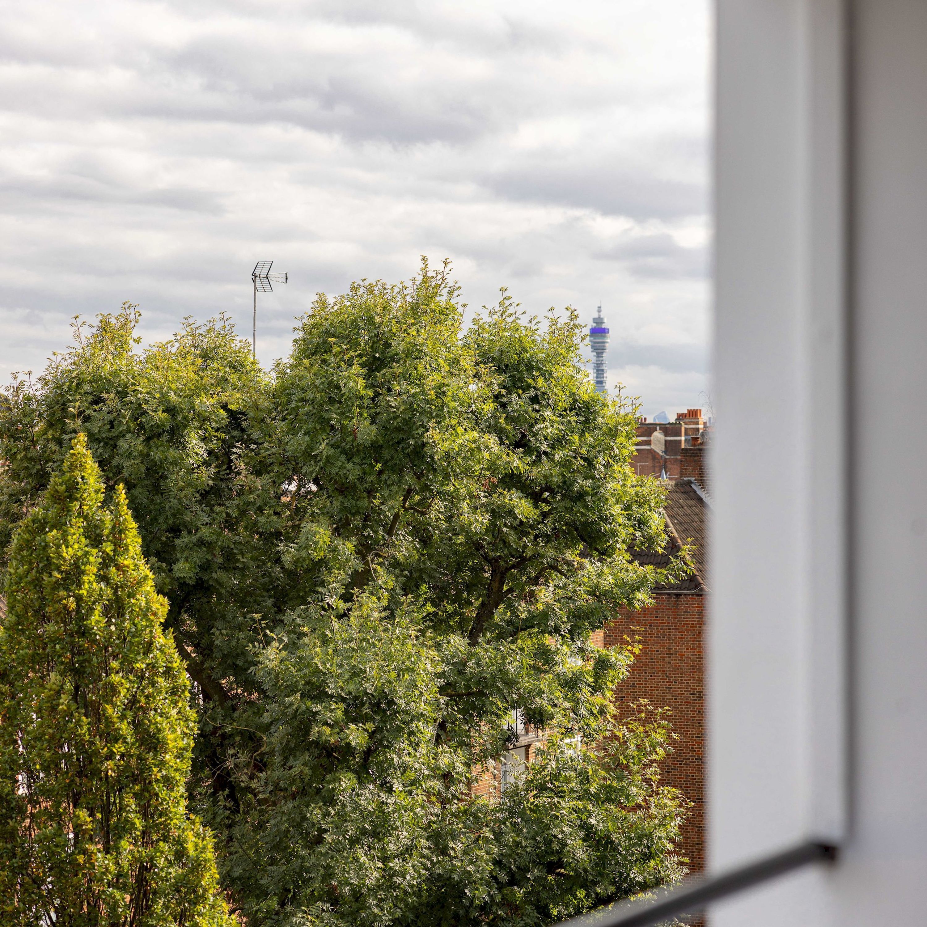 A view of a tree-lined street with a tall tower in the background.