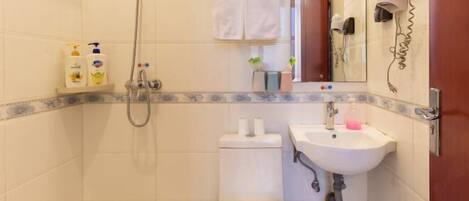 A bathroom with a shower, toilet, sink, and a mirror with a hairdryer.