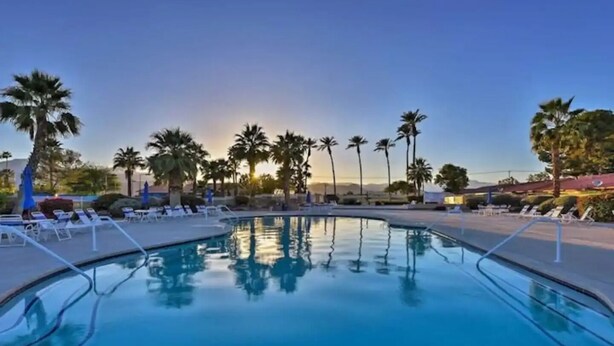 A pool area with lounge chairs and palm trees.