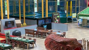 A children's play area with a large dinosaur sculpture, play structures, and seating areas. - Tiny-haus Park - Auszeit am Alfsee (Rieste)