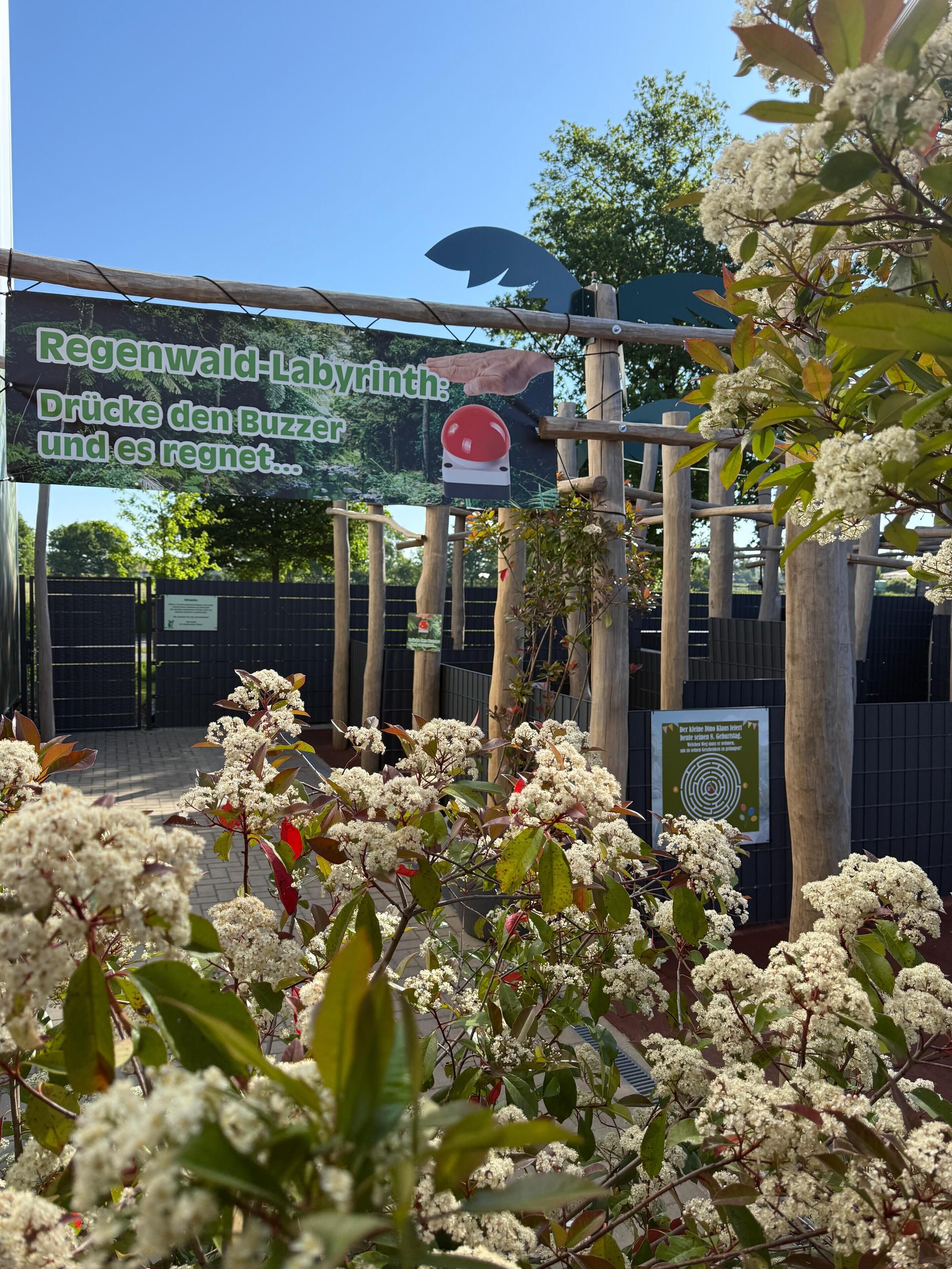 A sign with text in a foreign language, a red button, and a wooden structure with white flowers in the foreground.