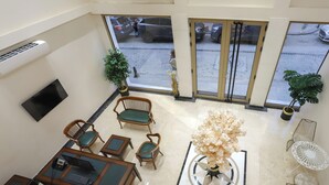 A hotel lobby with a seating area, a large potted plant, and a view of parked cars outside. - safa hotel old city (Istanbul)