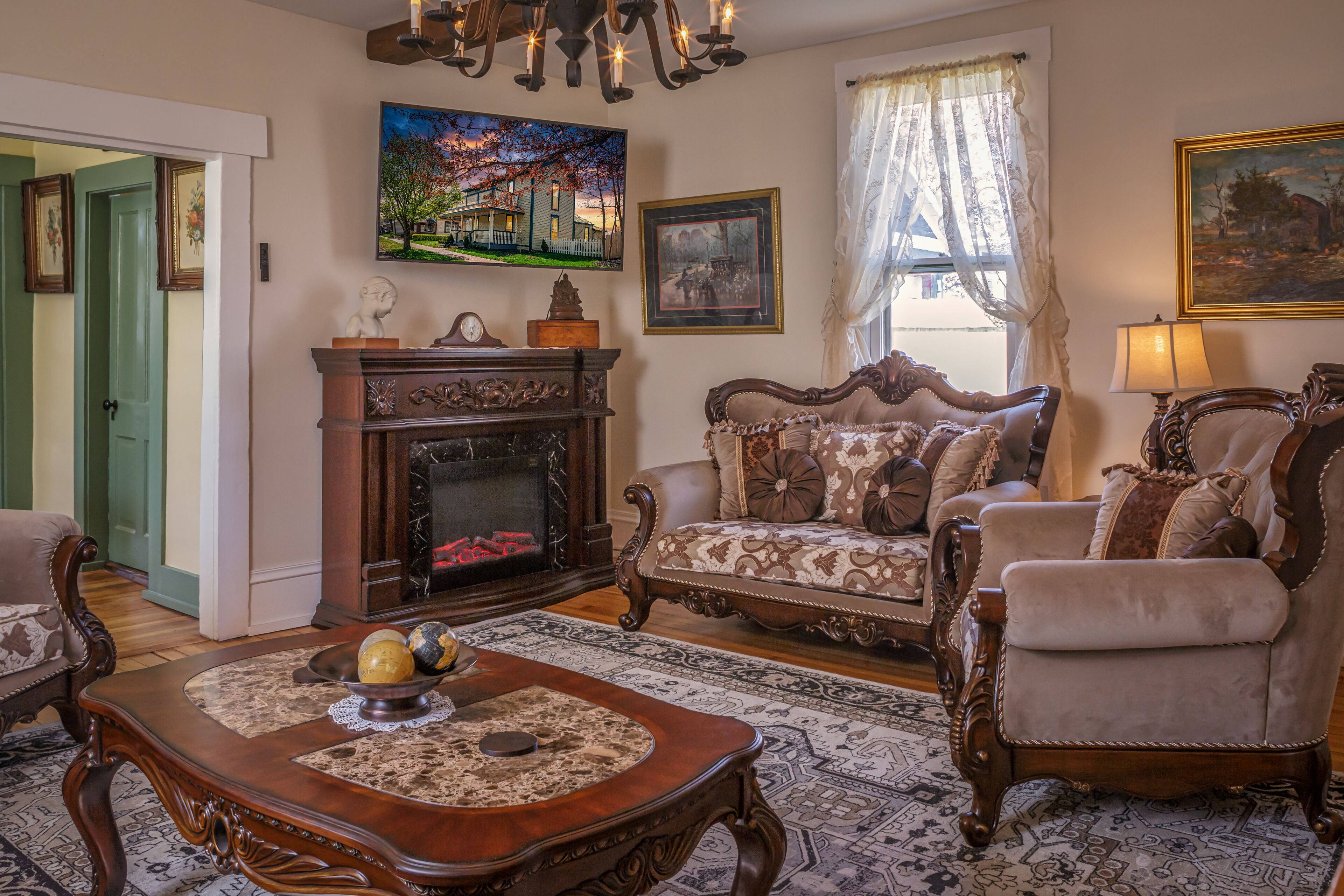 Smart TV, fireplace, books