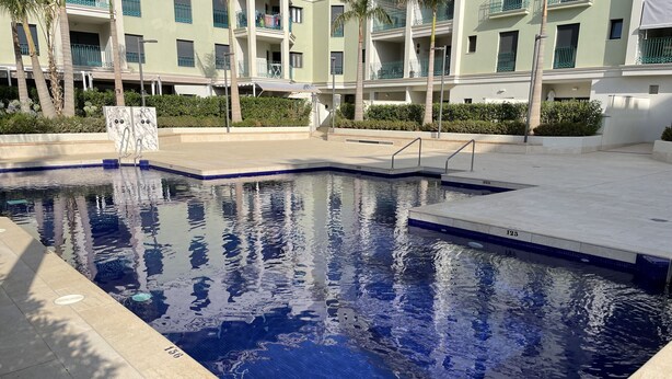 A swimming pool with clear blue water, surrounded by a tiled deck and palm trees. - TERRASOL AZUCARERA 4 (Torre del Mar)