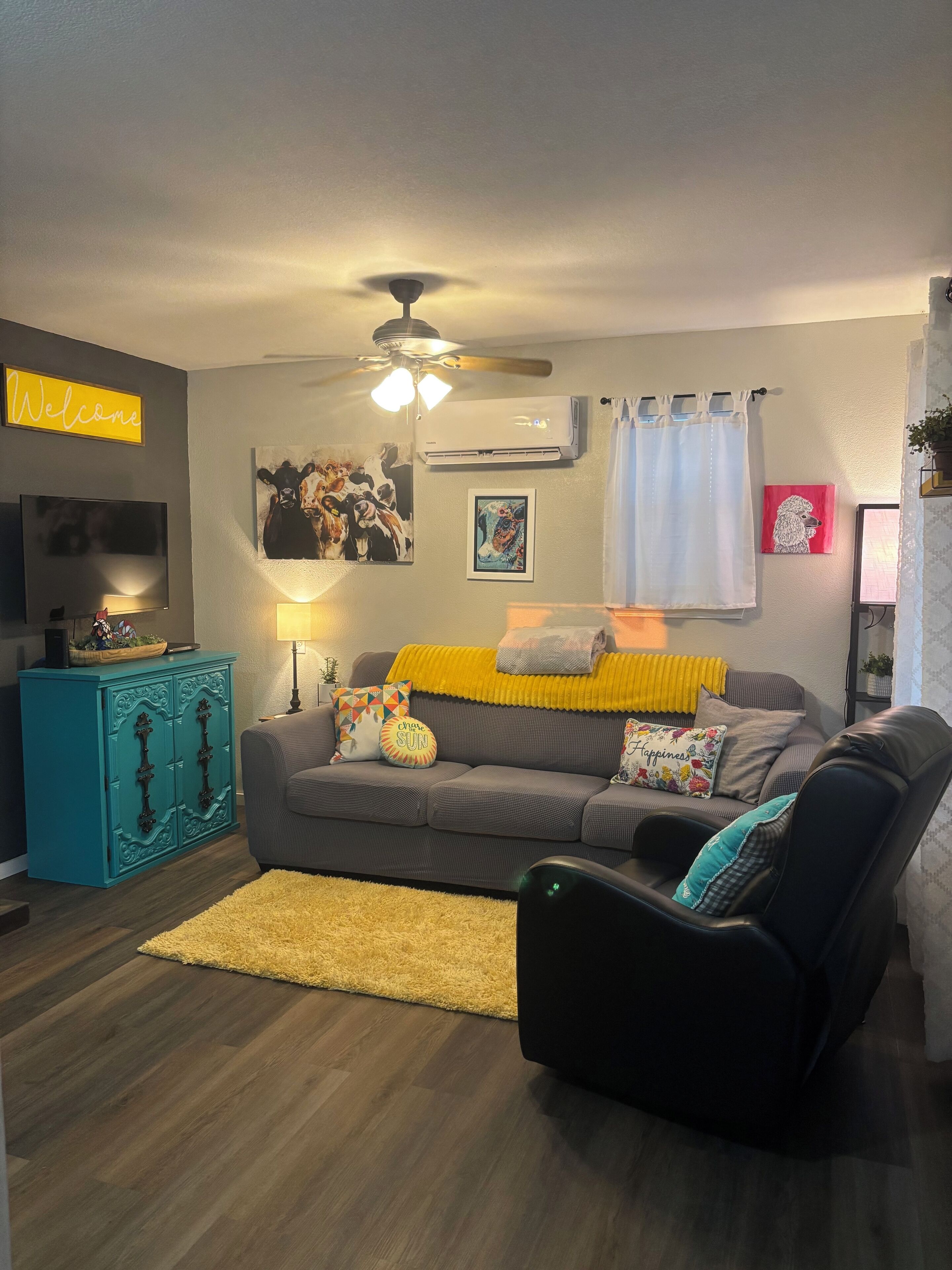 Smart-tv, een open haard, een dvd-speler en boeken