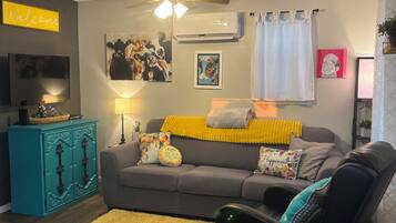 Smart TV, fireplace, DVD player, books