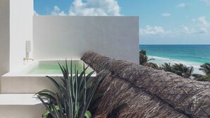 Un espace piscine extérieur moderne offrant une vue dégagée sur l’océan et doté d’une structure avec toit de chaume.