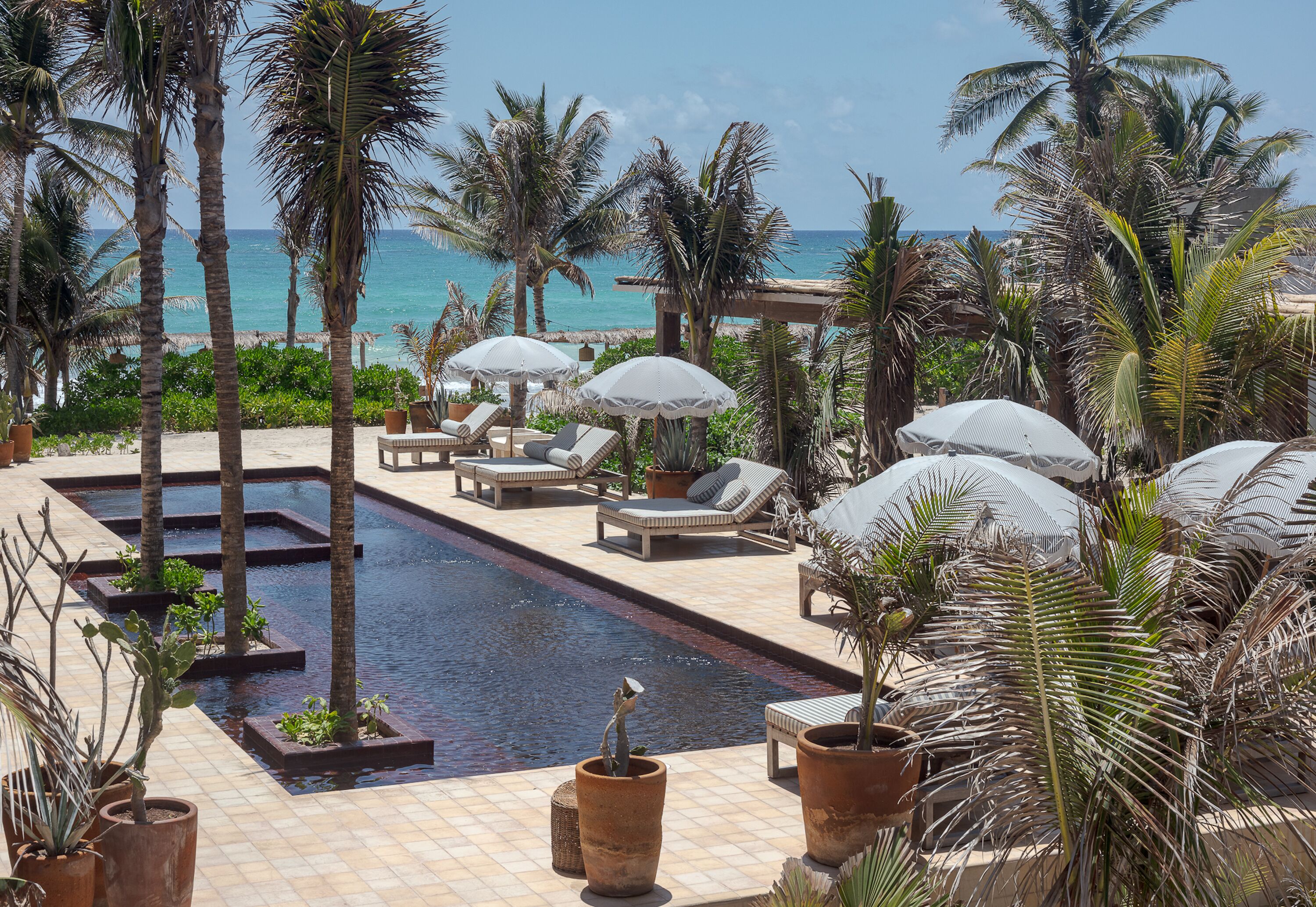 Una piscina al aire libre, sombrillas, sillones reclinables de piscina